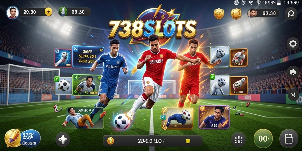 Tampilan atraktif gameplay 738SLOTS dengan tema sepak bola