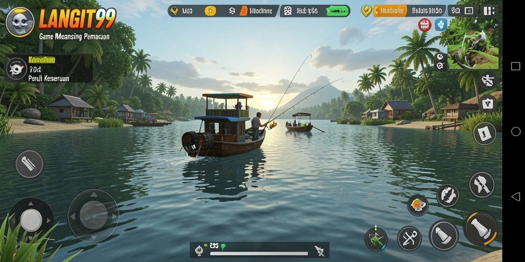 Screenshot utama LANGIT99 menunjukkan aksi memancing yang seru dan pemandangan laut yang indah.