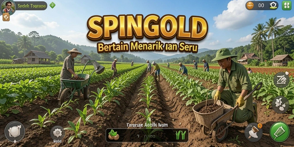 Gameplay SPINGOLD menampilkan kebun yang indah dan hewan yang menggemaskan.