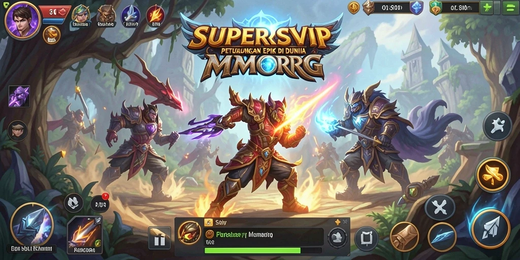 Tangkapan layar utama dari gameplay SUPERSVIP yang menampilkan pertarungan epik.